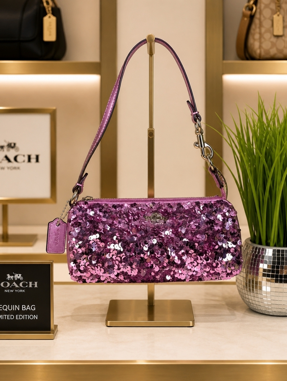 Coach #Cq589 Nolita Bag Purple Metallic Sequin Hand Shoulder Spring Summer Purse